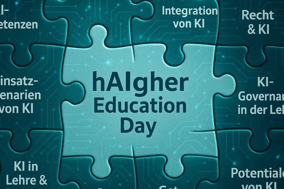 Puzzle mit „hAIgher Education Day“ und Begriffen zu KI und Bildung im Hintergrund.