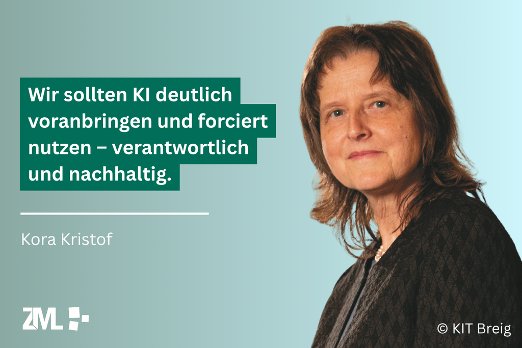 Alt-Text: Portrait von Kora Kristof, grüne Zitatbox mit Text „Wir sollten KI deutlich voranbringen und forciert nutzen – verantwortungsvoll und nachhaltig.“