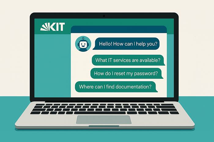 grafische Darstellung eines Laptops mit KI-Chatbot des KIT, der IT-Servicefragen auf Englisch beantwortet.