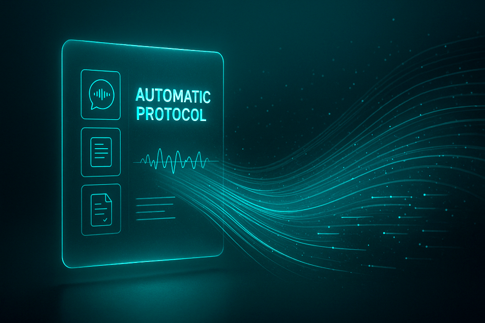 Futuristische Darstellung eines automatischen Protokollsystems mit Soundwellen in Neon-Blau.